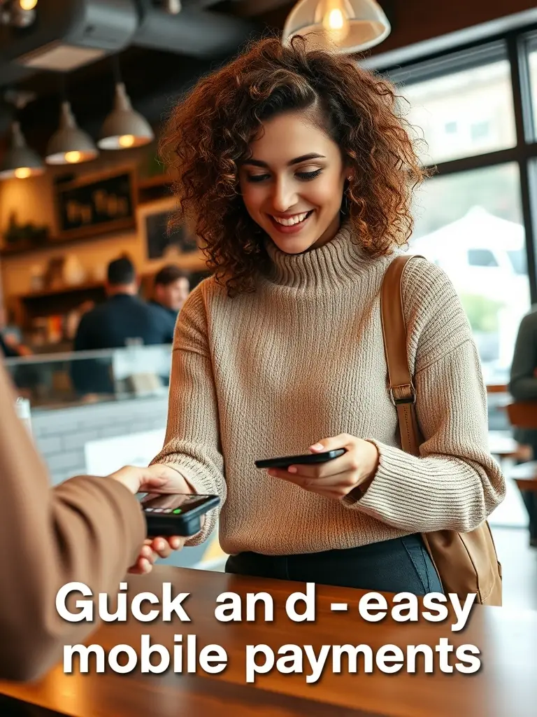 A small business owner efficiently using a mobile payment terminal to process a customer's transaction in a bustling cafe setting, showcasing the convenience and speed of mobile payment solutions.