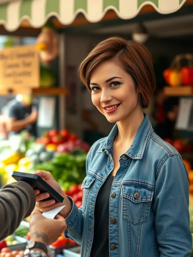 A small business owner using a mobile payment terminal at a local farmer's market, processing a transaction with a customer.