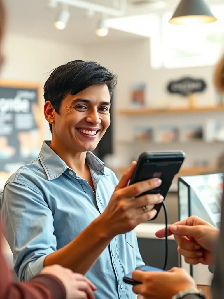 A business owner holding a contactless payment device, ready to accept tap-and-go payments from customers.