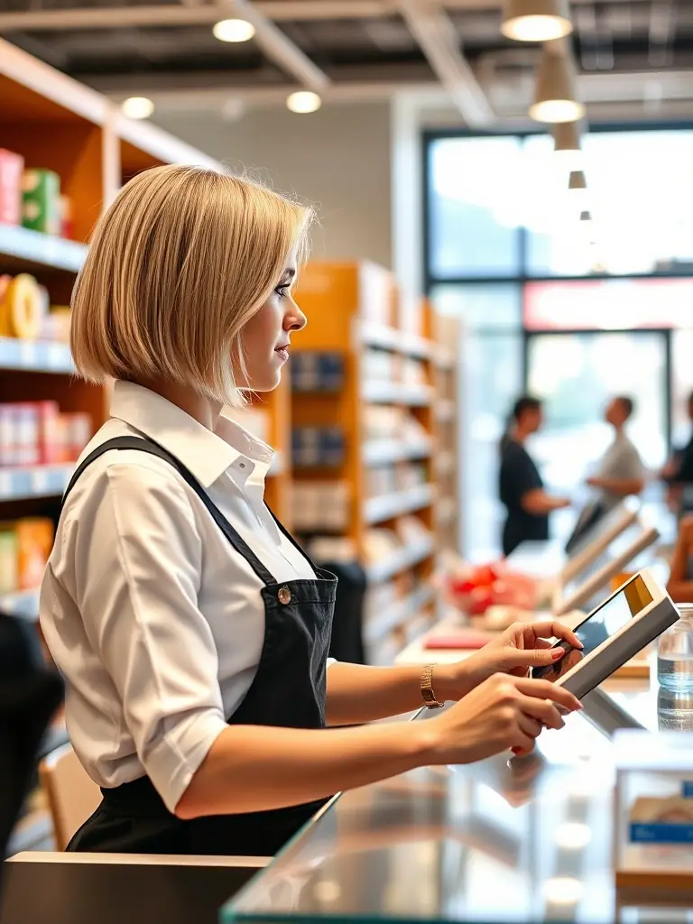 An integrated POS system in a retail store, showing a cashier efficiently managing sales, inventory, and customer data, highlighting the streamlined operations and enhanced productivity.