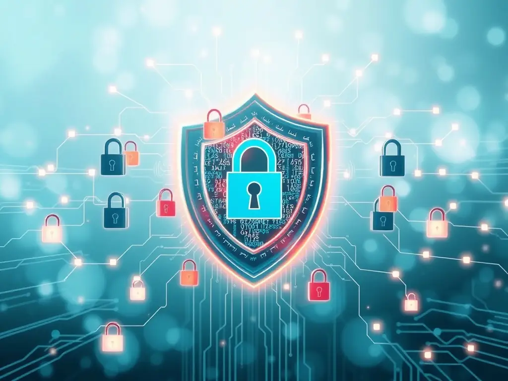 A digital illustration depicting secure data encryption and transaction security, highlighting the protection of sensitive financial information.