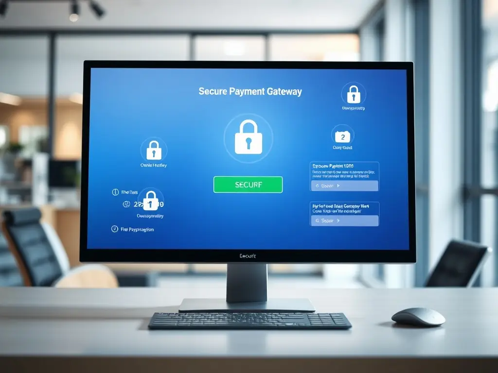 A high-quality image of a secure payment gateway interface on a laptop screen, emphasizing data encryption and security protocols.