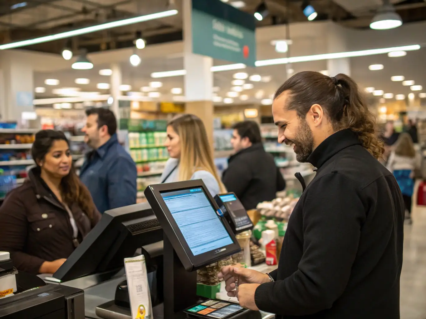 A professional photograph showcasing a modern point-of-sale (POS) system in a retail environment, emphasizing ease of use and seamless transaction processing.