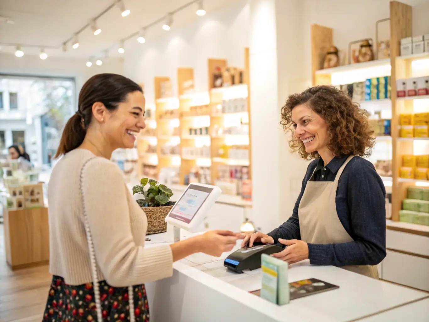 A professional photograph of a small business owner using a mobile payment terminal in their boutique store, showcasing the ease of accepting payments.