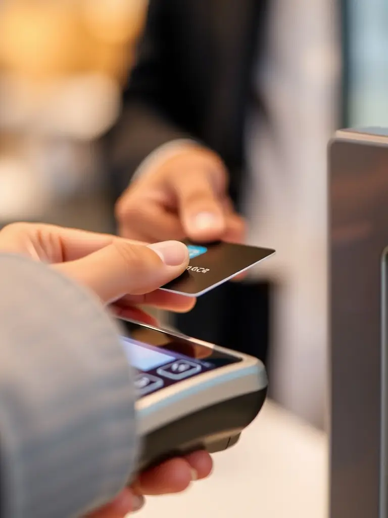 A contactless payment device being used by a customer to quickly tap and pay, illustrating the speed and ease of contactless payments, improving customer experience and reducing wait times.