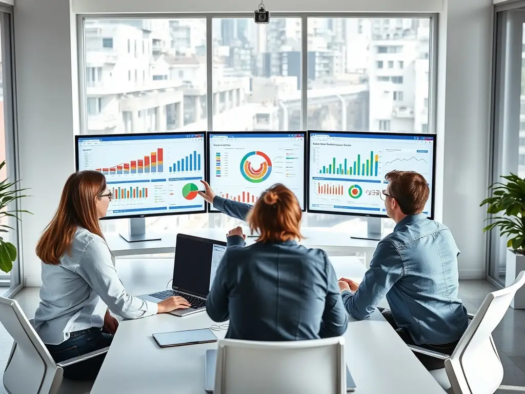A modern office setting with professionals collaborating on payment solutions, highlighting the enterprise-level capabilities and scalability.