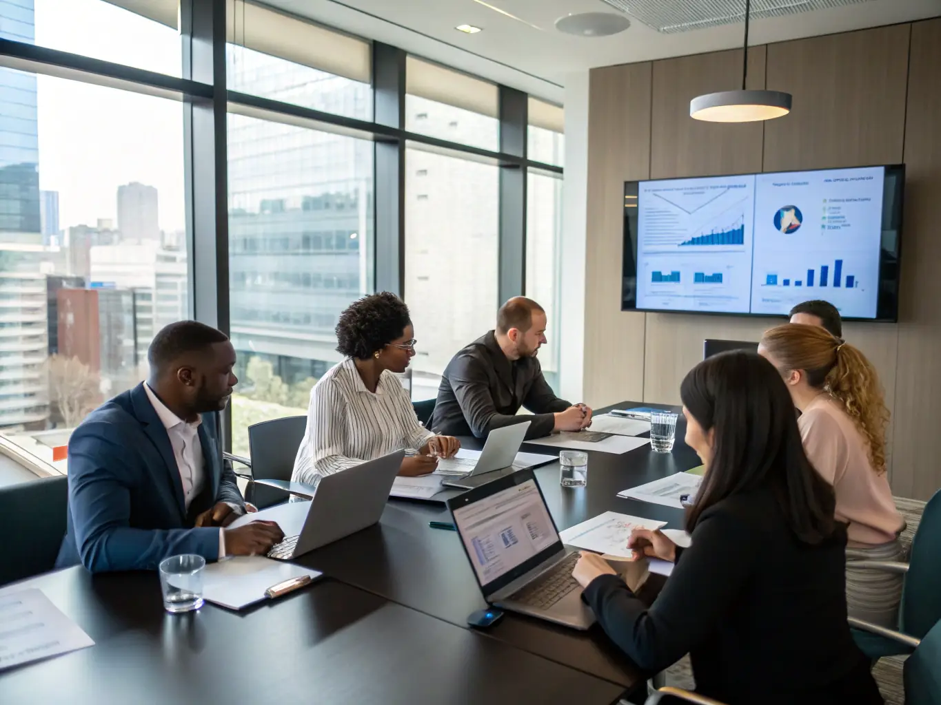 A photograph of a diverse group of business professionals collaborating in a modern office setting, symbolizing partnership and tailored solutions.